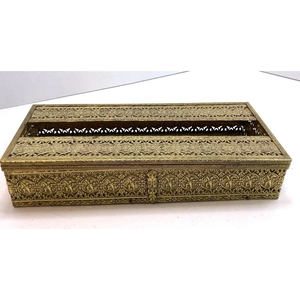 Vintage‎ MCM Gold Tone Brass Tissue Box Filigree Holder Ornate Hollywood Regency
